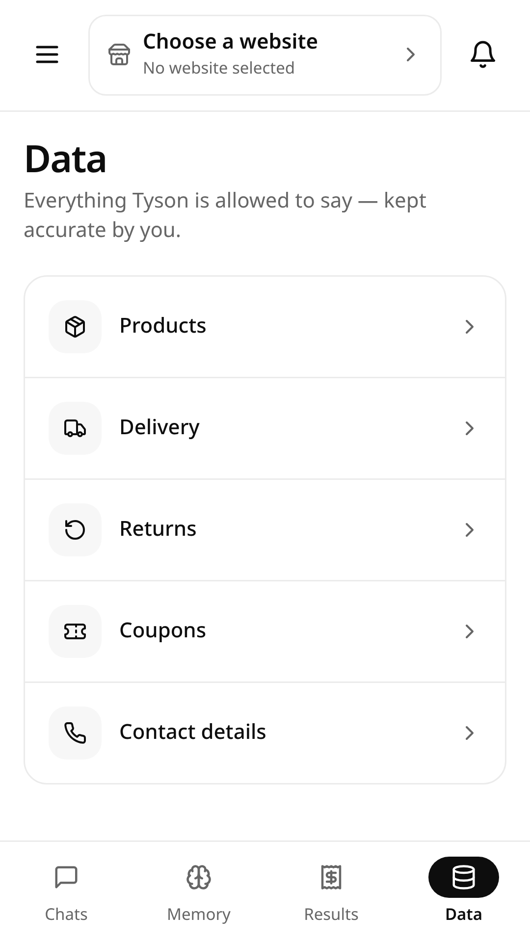 AutoTill Android app data screen showing products and website knowledge